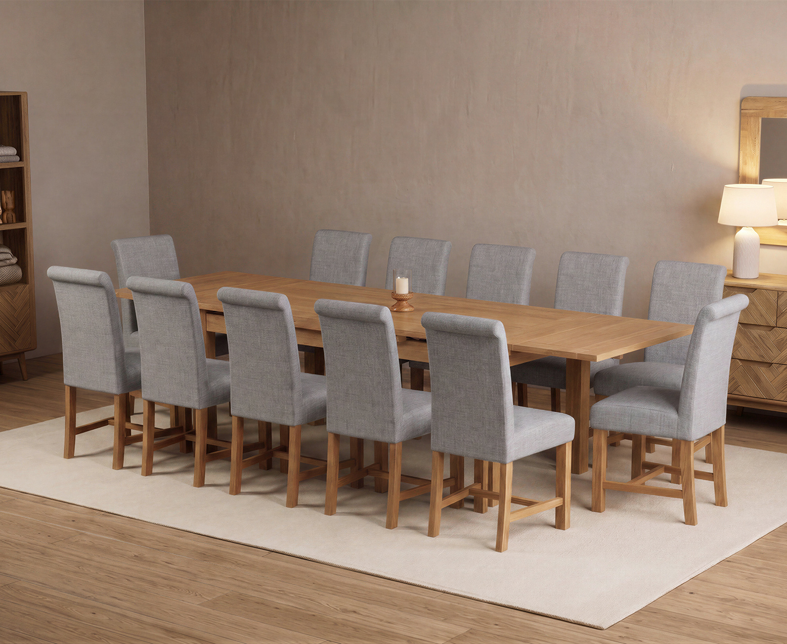 Thetford 180cm Oak Table and 2 Grey Benches