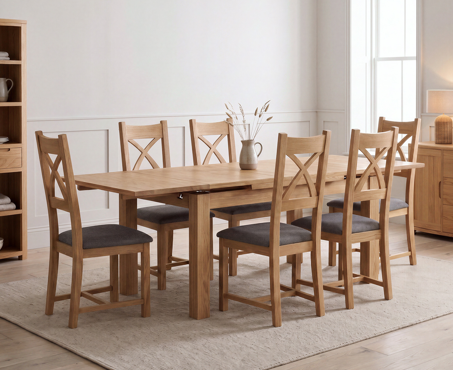 Thetford 180cm Oak Table and 2 Grey Benches