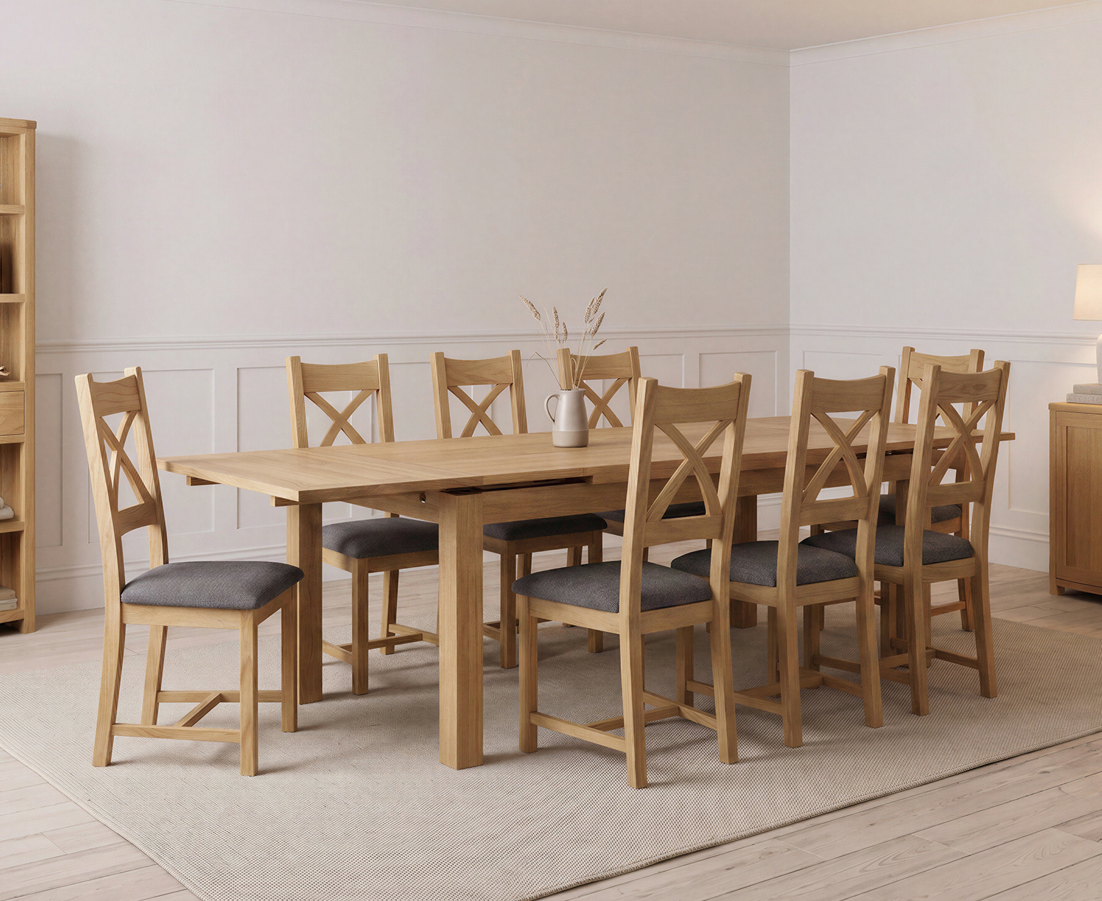 York 150cm Solid Oak Dining Table with 4 Light Grey York Chairs and 2 Oak Benches