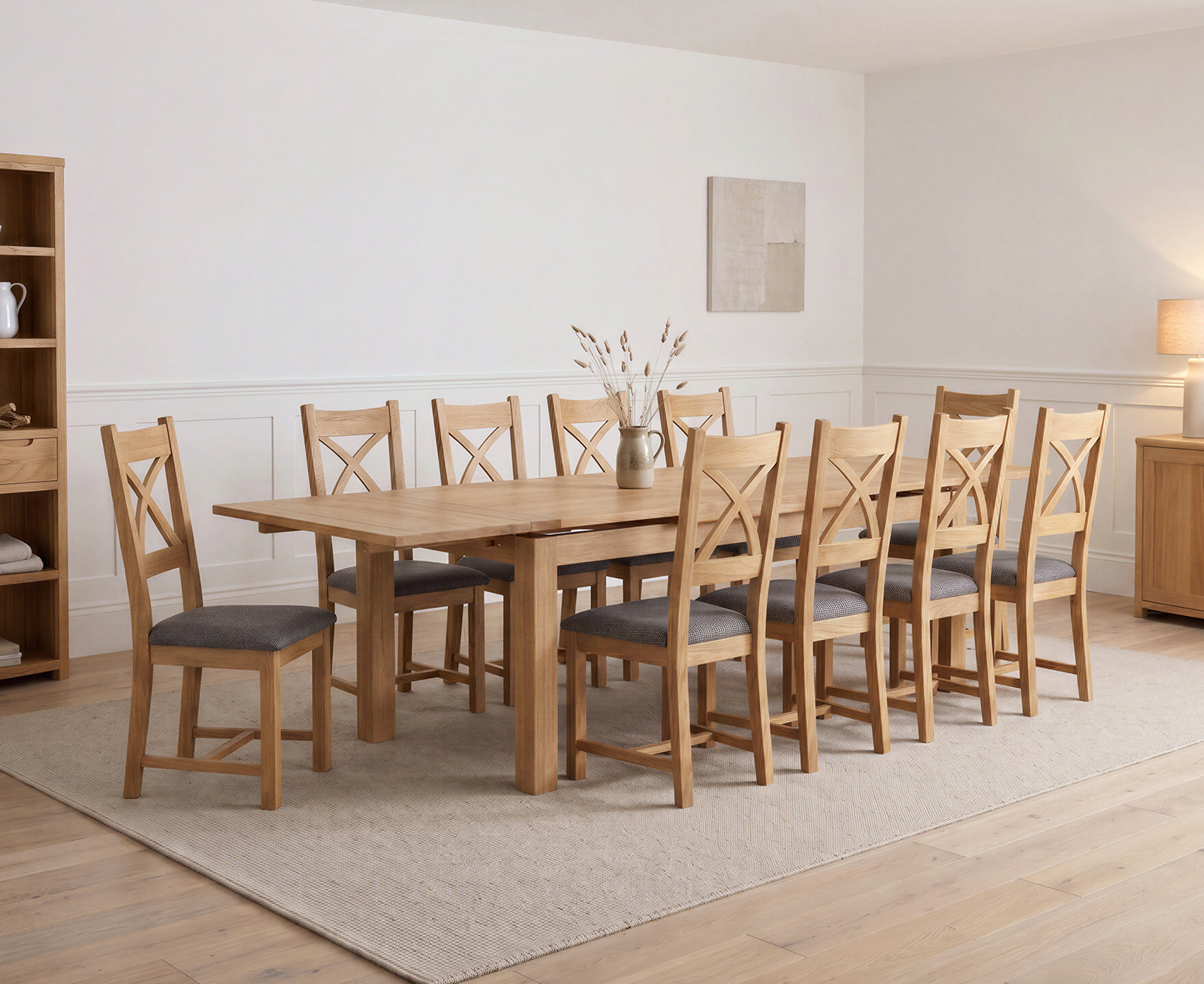 York 150cm Solid Oak Dining Table with 4 Light Grey York Chairs and 2 Oak Benches