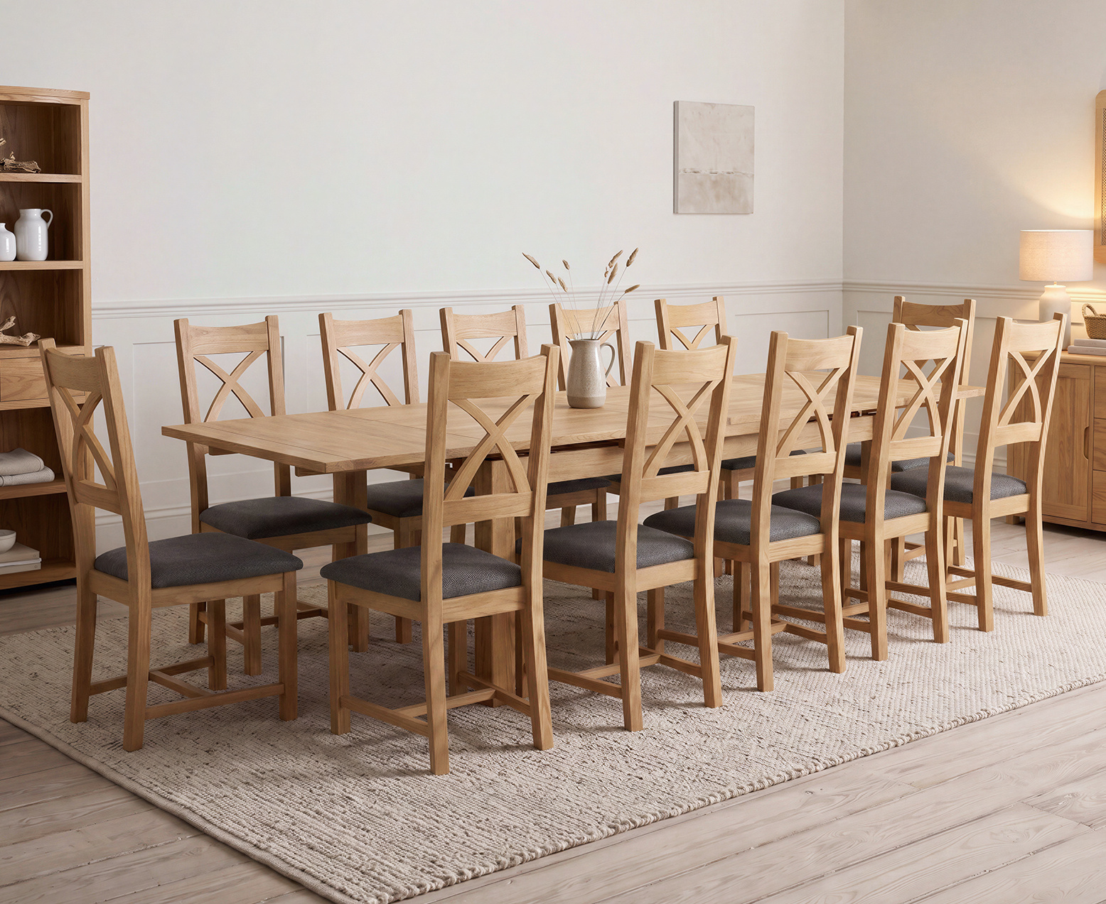 York 150cm Solid Oak Dining Table with 4 Light Grey York Chairs and 2 Oak Benches