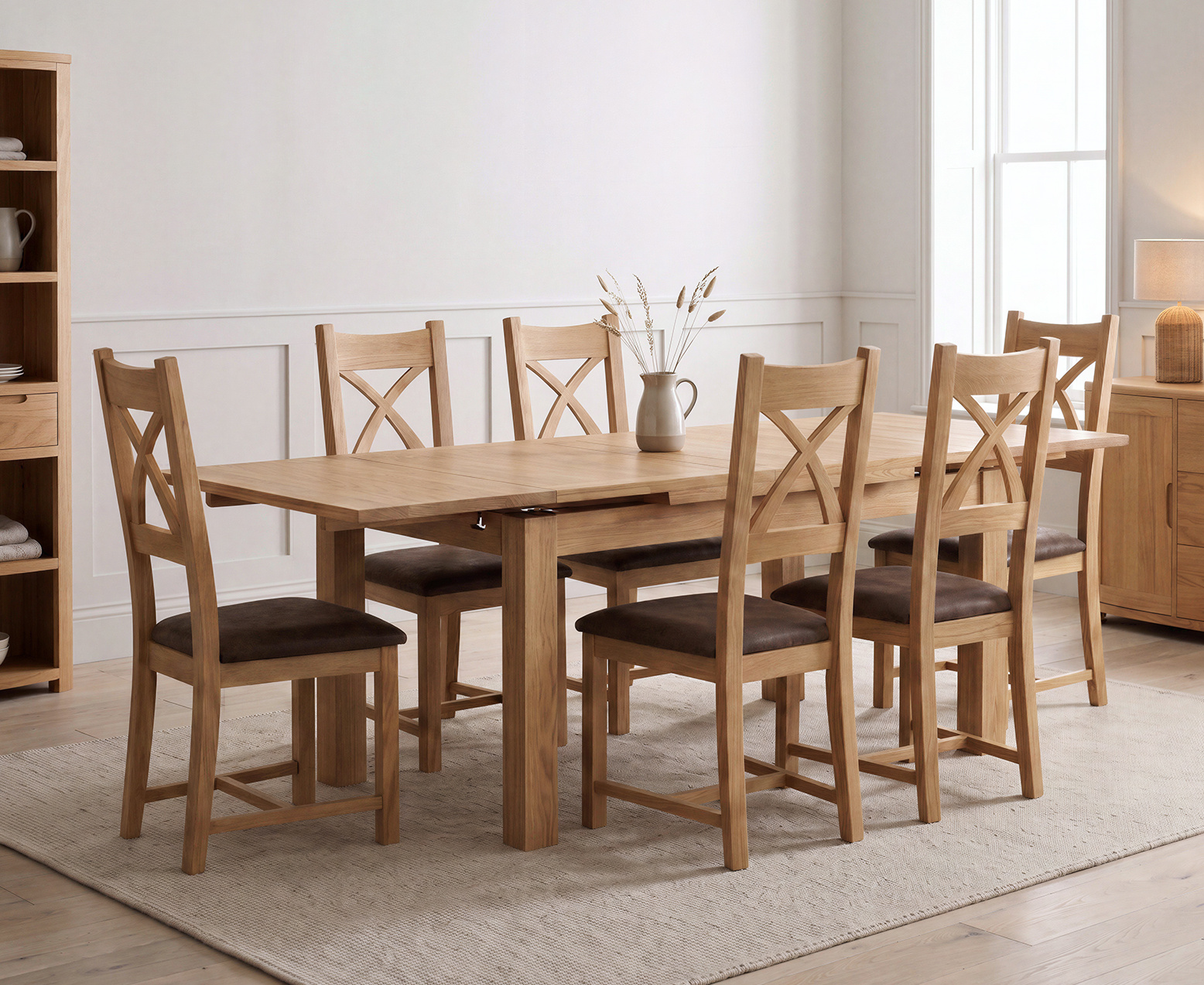 York 150cm Solid Oak Dining Table with 4 Light Grey York Chairs and 2 Oak Benches