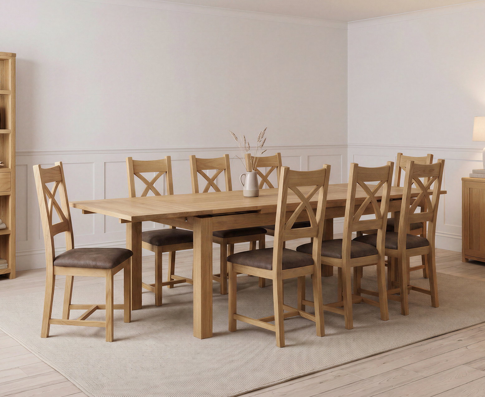 York 150cm Solid Oak Dining Table with 4 Light Grey York Chairs and 2 Oak Benches