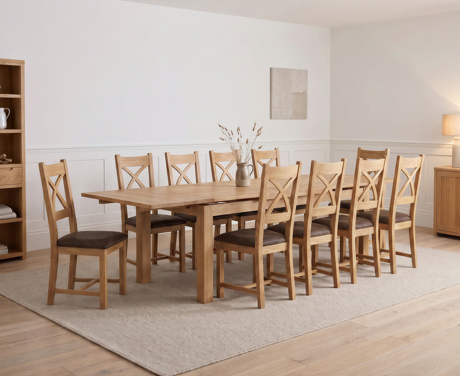 York 150cm Solid Oak Dining Table with 4 Light Grey York Chairs and 2 Oak Benches