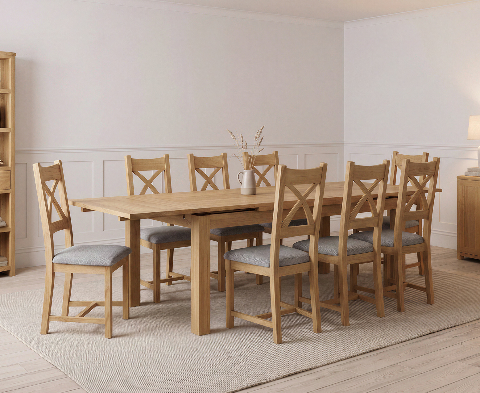 York 150cm Solid Oak Dining Table with 4 Light Grey York Chairs and 2 Oak Benches