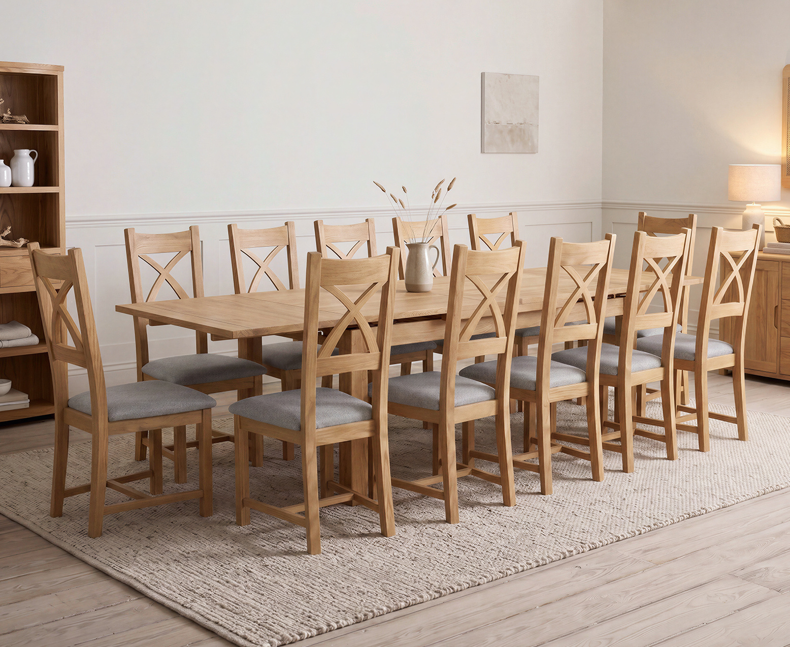 York 150cm Solid Oak Dining Table with 4 Light Grey York Chairs and 2 Oak Benches