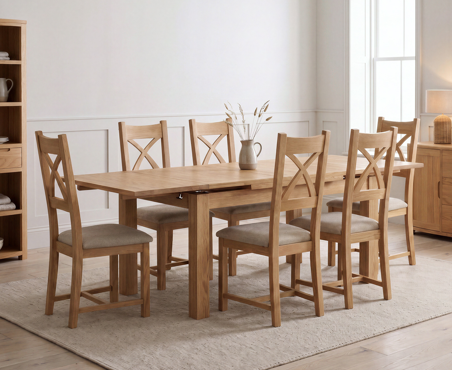 Thetford 180cm Oak Table and 2 Grey Benches