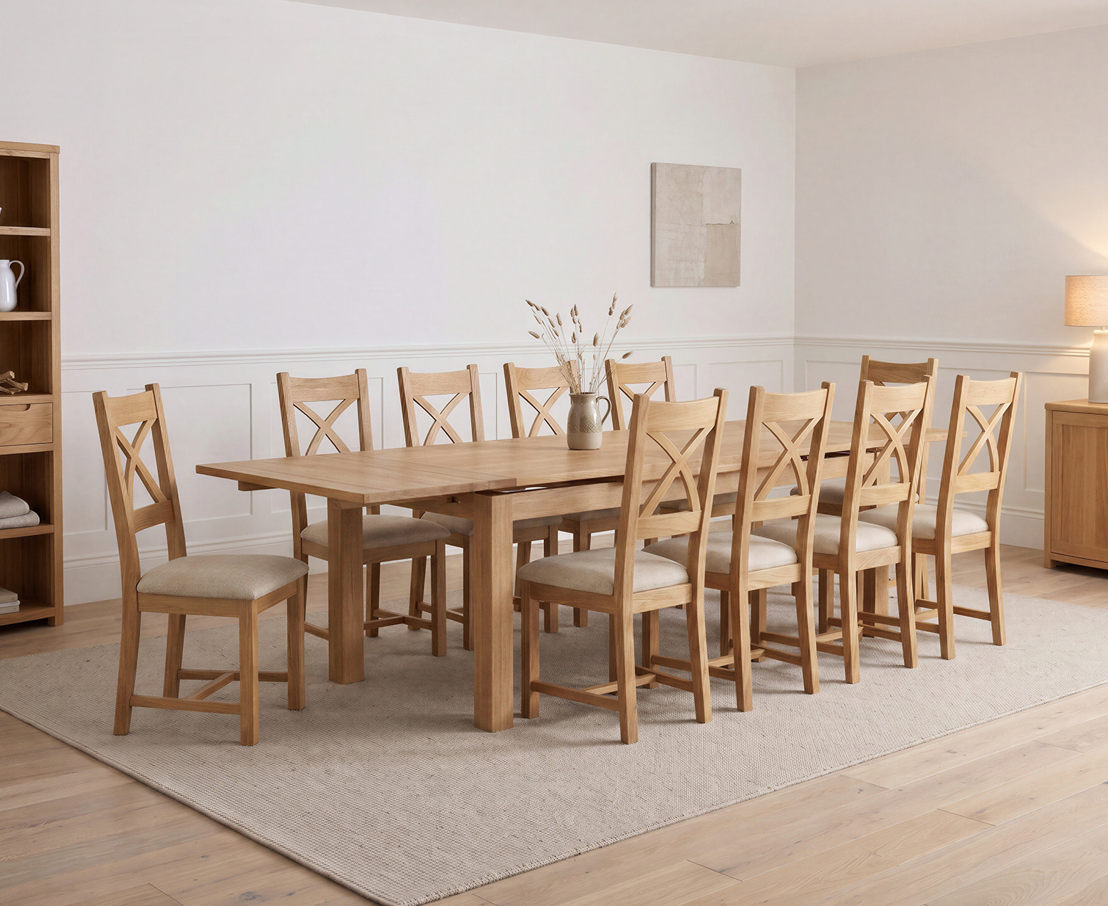 York 150cm Solid Oak Dining Table with 4 Light Grey York Chairs and 2 Oak Benches