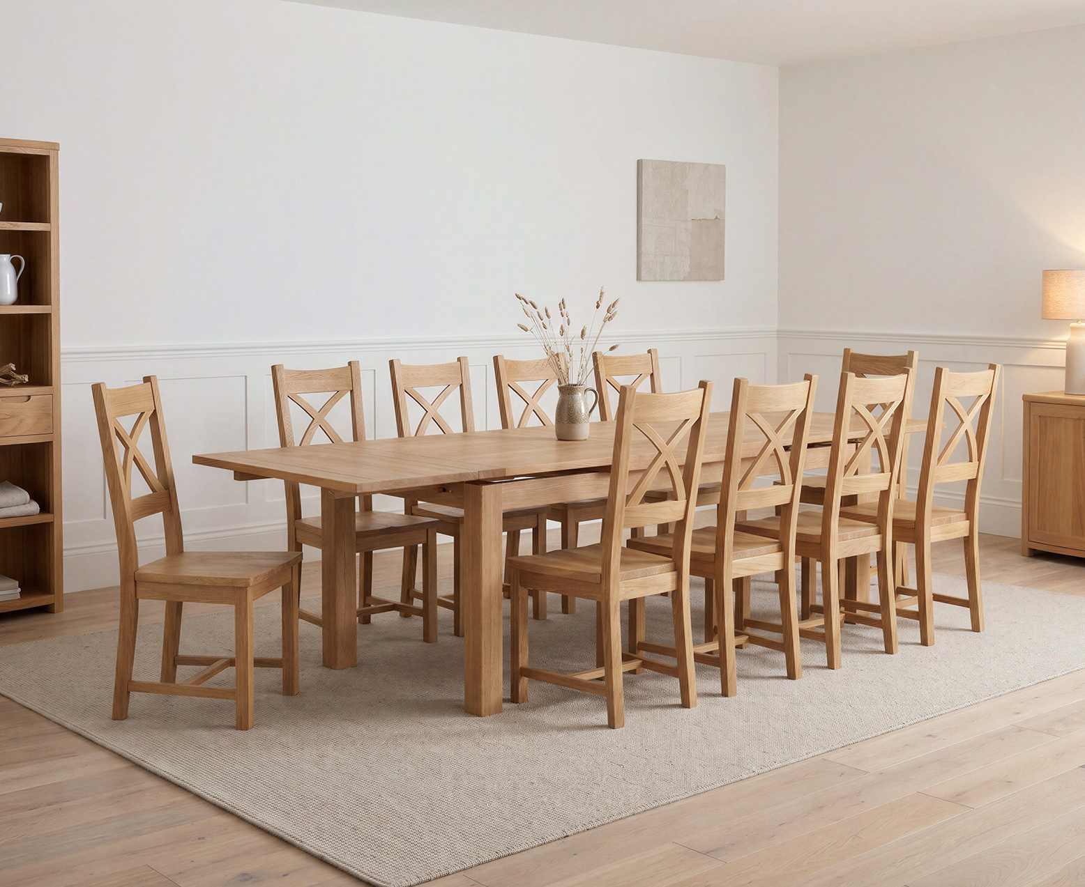 York 150cm Solid Oak Dining Table with 4 Light Grey York Chairs and 2 Oak Benches