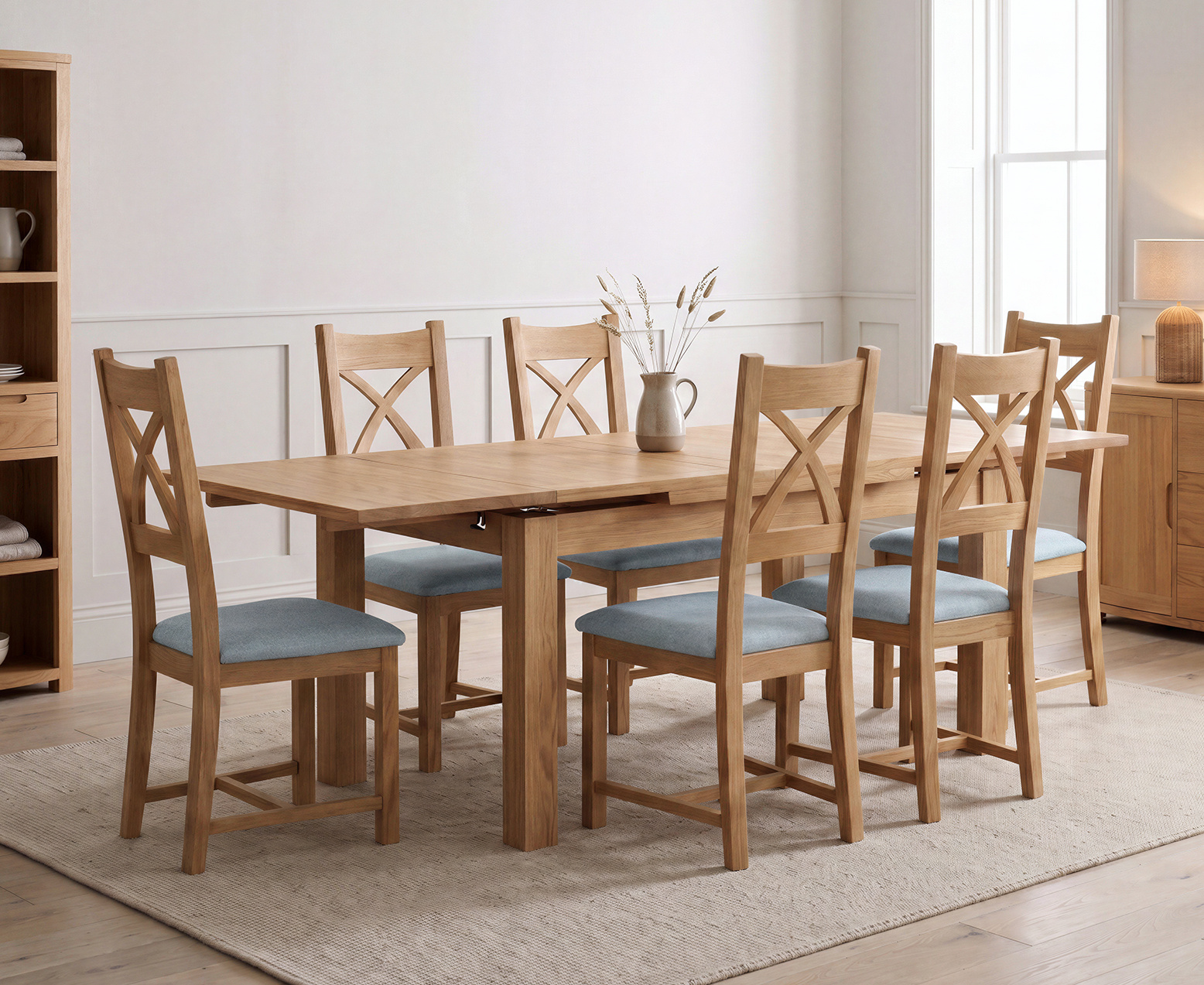 York 150cm Solid Oak Dining Table with 4 Light Grey York Chairs and 2 Oak Benches
