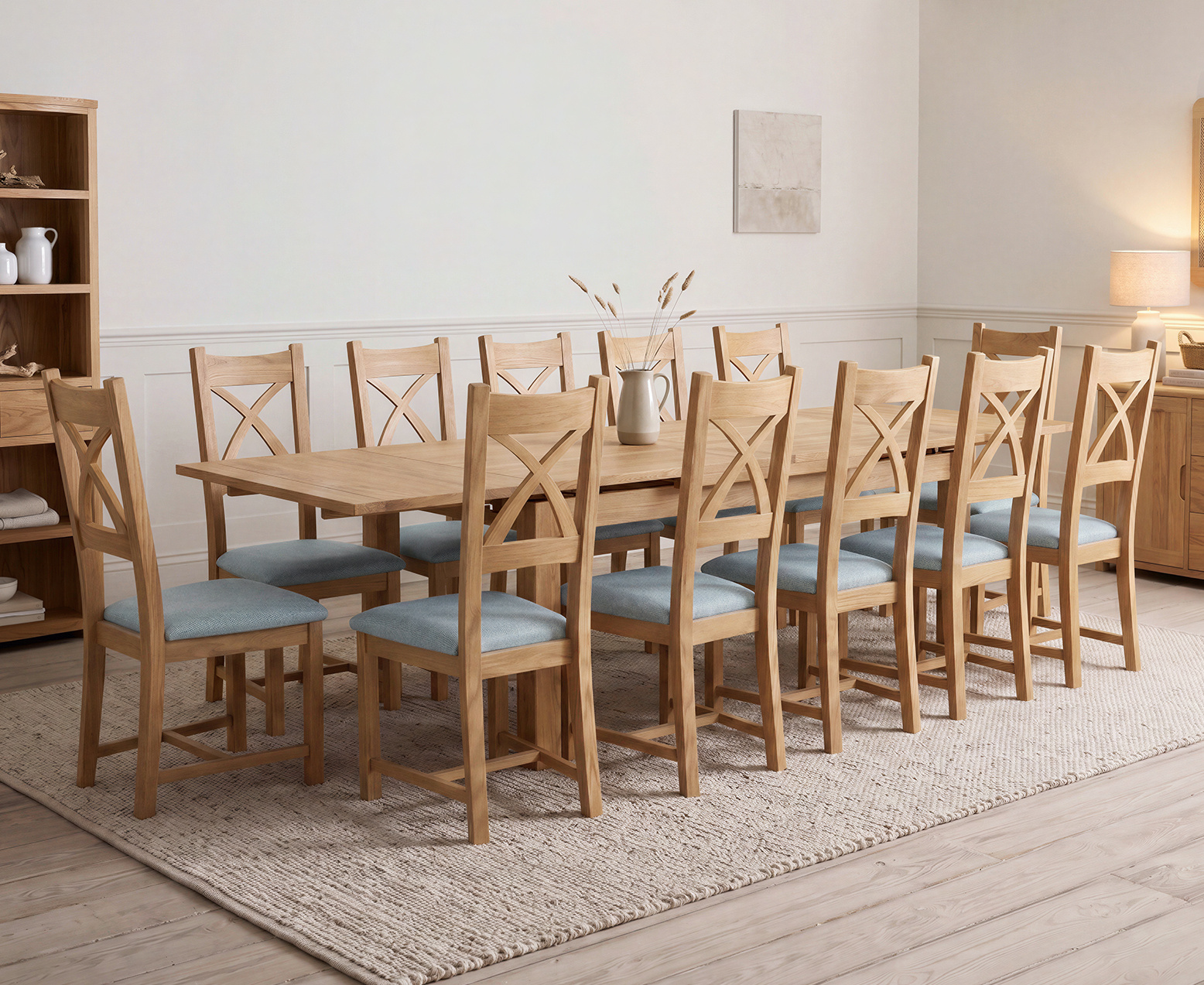 York 150cm Solid Oak Dining Table with 4 Light Grey York Chairs and 2 Oak Benches