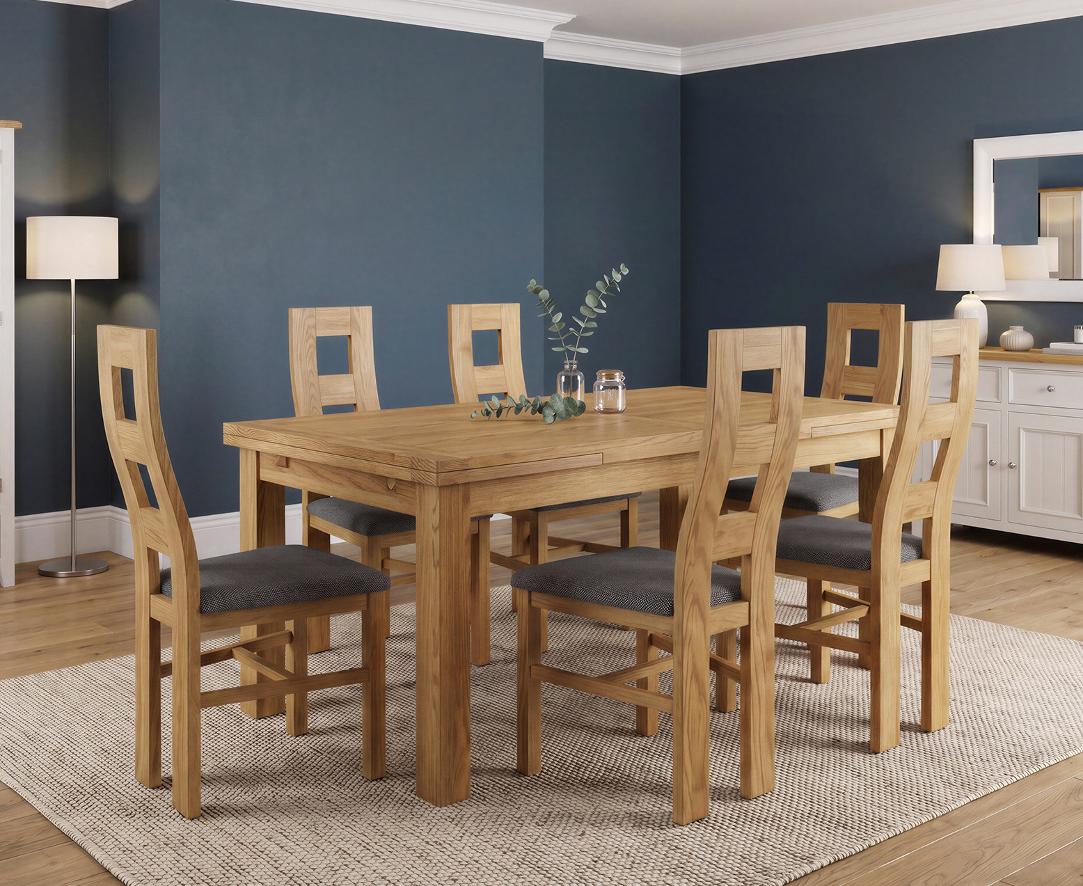 York 150cm Solid Oak Dining Table with 4 Light Grey York Chairs and 2 Oak Benches
