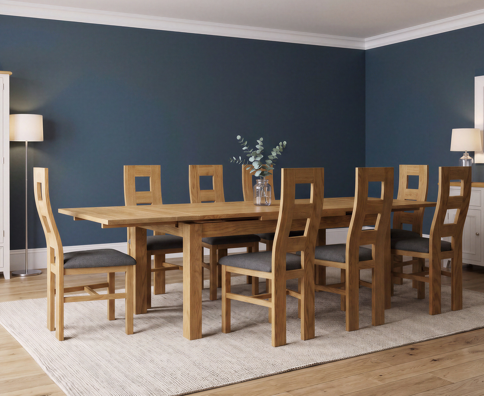 York 150cm Solid Oak Dining Table with 4 Light Grey York Chairs and 2 Oak Benches
