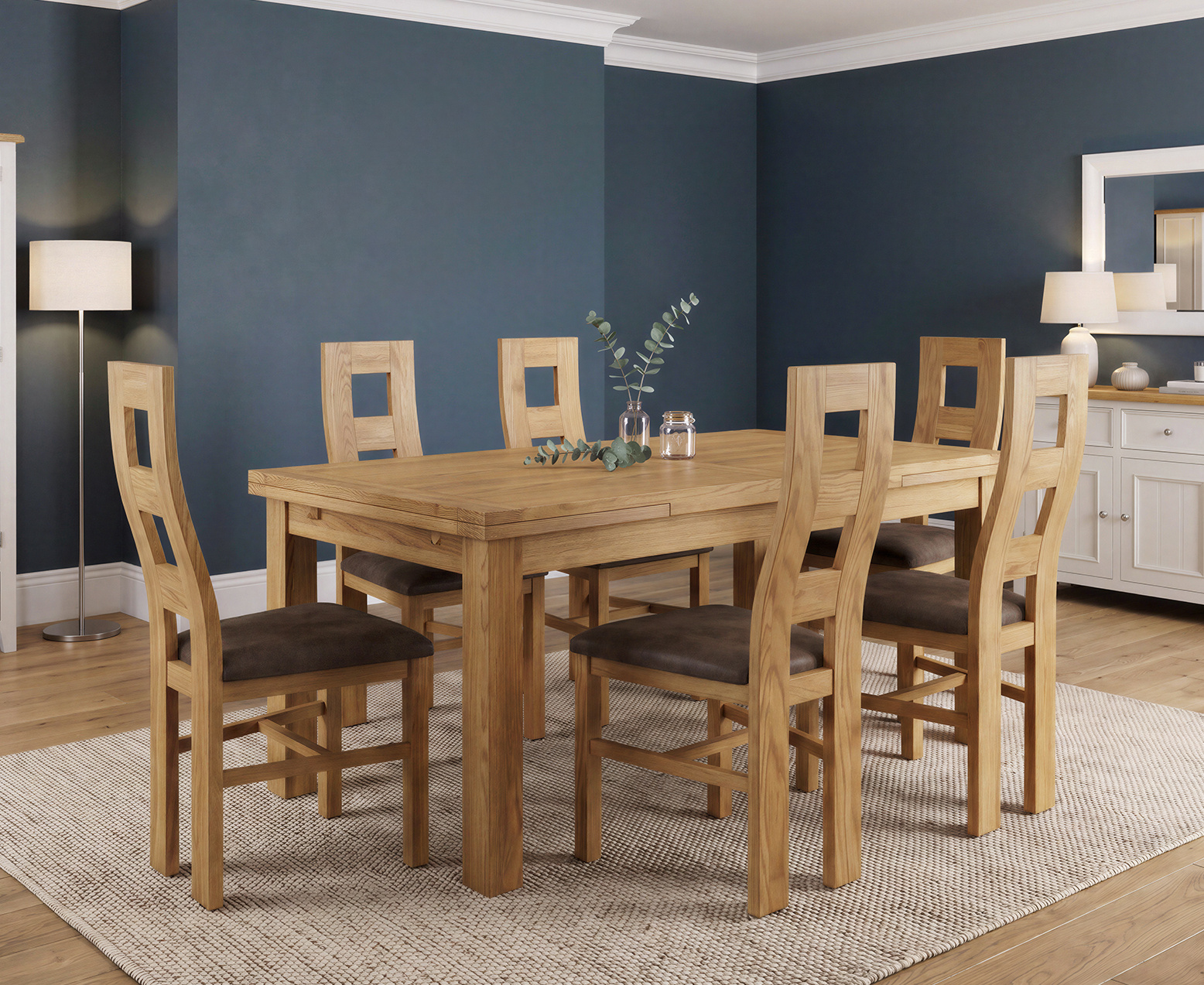 York 150cm Solid Oak Dining Table with 4 Light Grey York Chairs and 2 Oak Benches