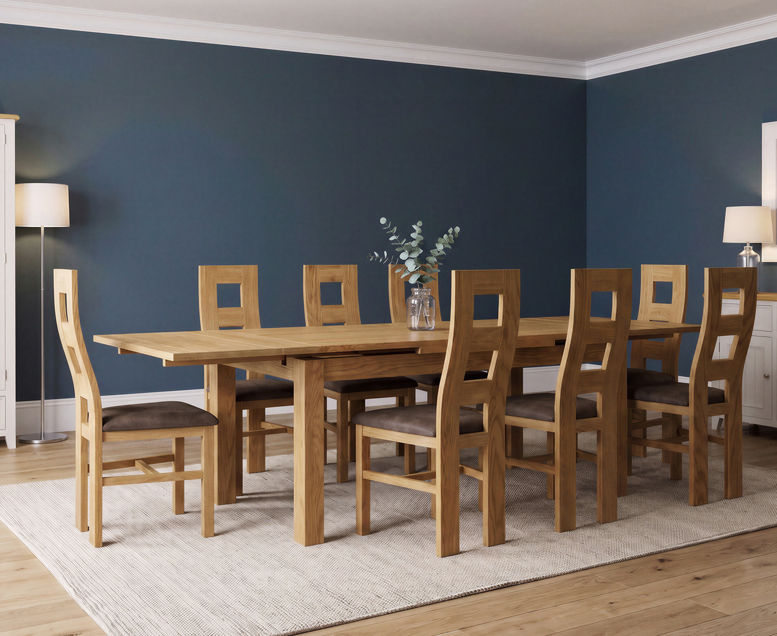 York 150cm Solid Oak Dining Table with 4 Light Grey York Chairs and 2 Oak Benches