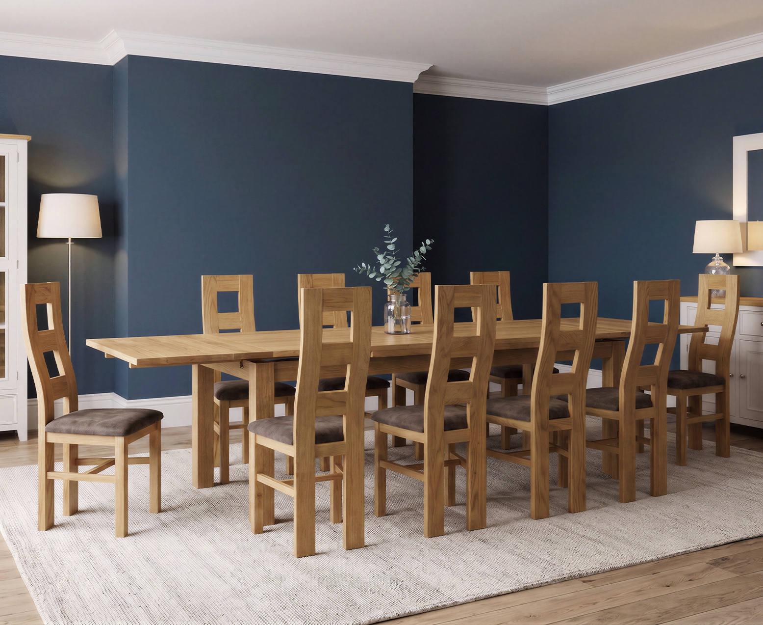 Thetford 180cm Oak Table and 2 Grey Benches