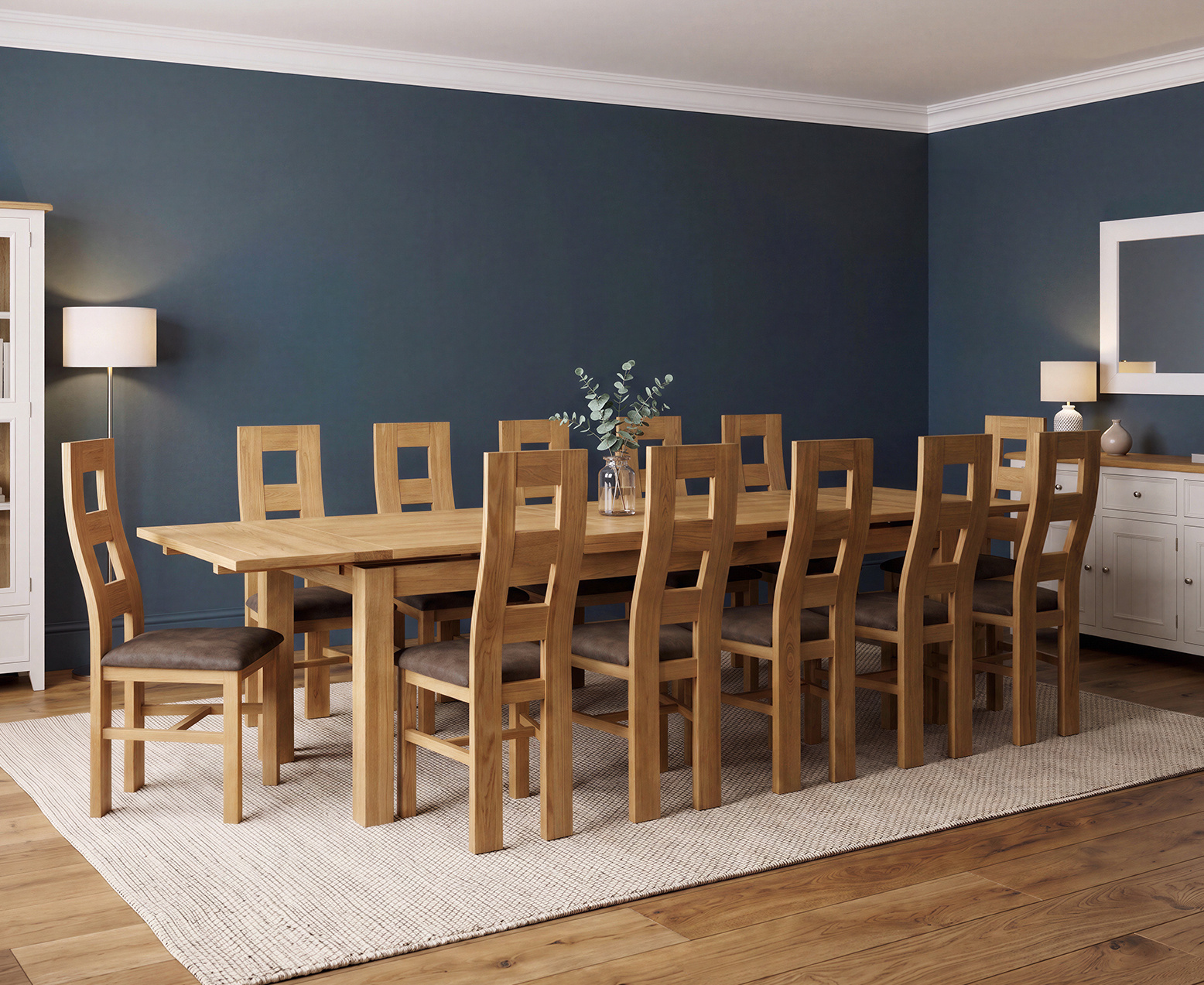 York 150cm Solid Oak Dining Table with 4 Light Grey York Chairs and 2 Oak Benches