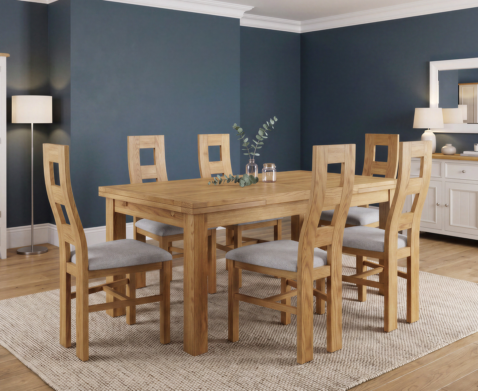 York 150cm Solid Oak Dining Table with 4 Light Grey York Chairs and 2 Oak Benches