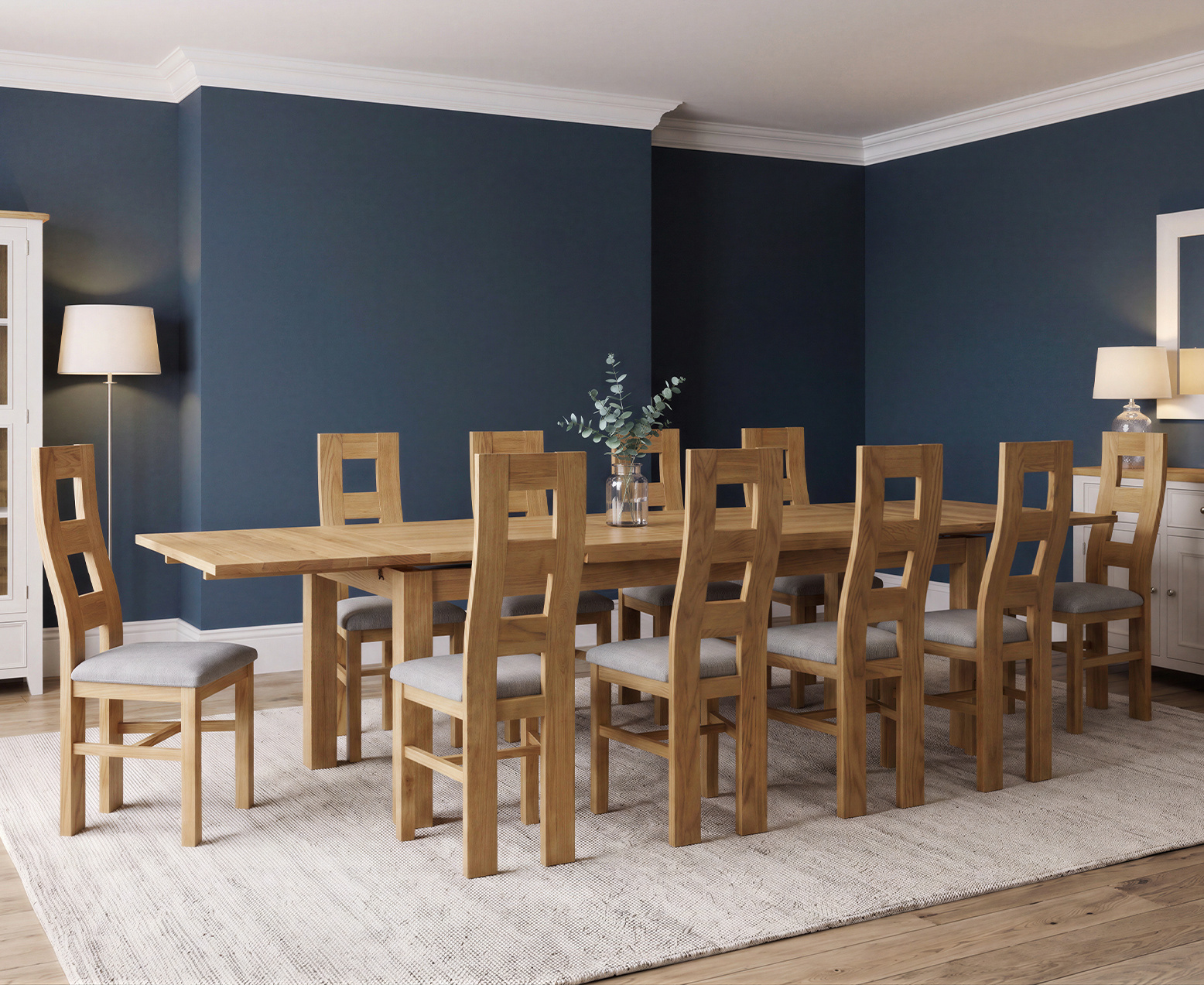 York 150cm Solid Oak Dining Table with 4 Light Grey York Chairs and 2 Oak Benches