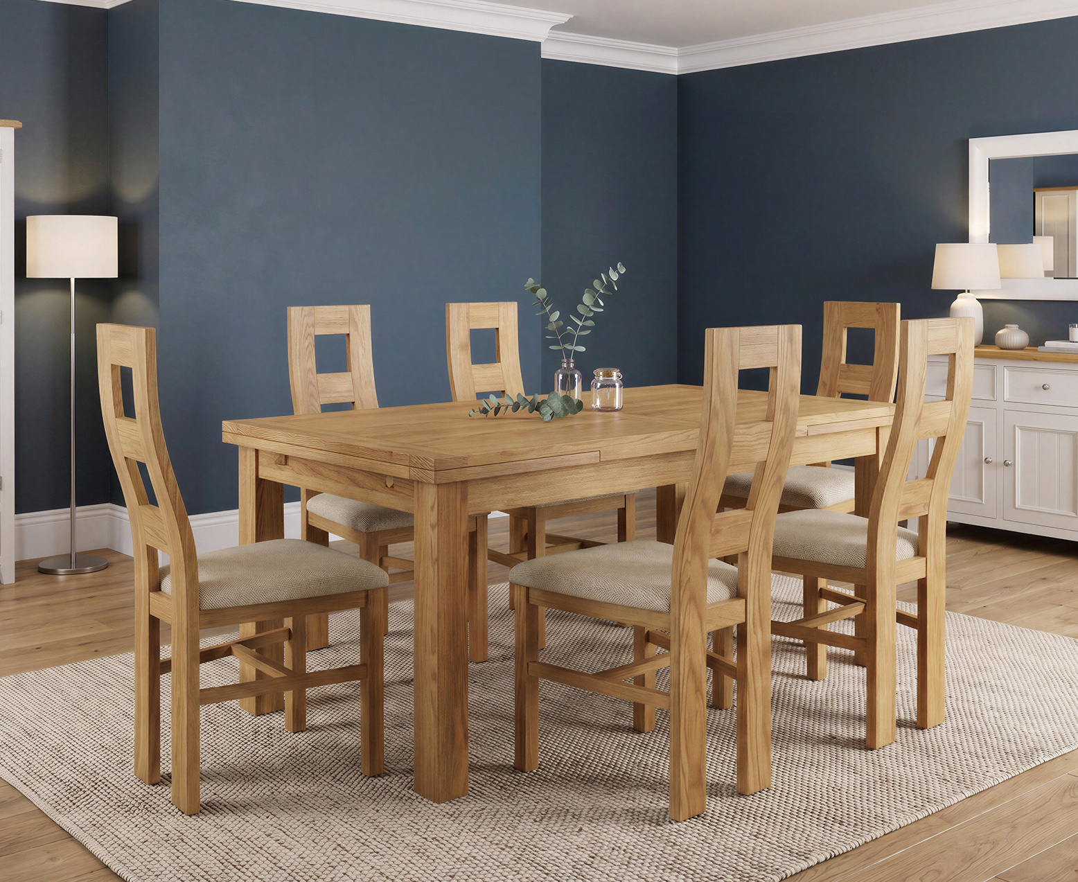 York 150cm Solid Oak Dining Table with 4 Light Grey York Chairs and 2 Oak Benches