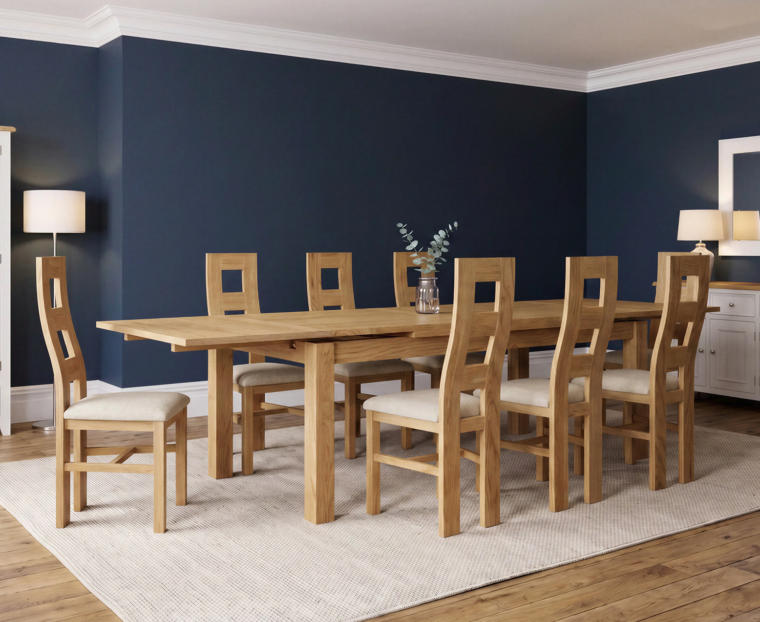 Thetford 180cm Oak Table and 2 Grey Benches