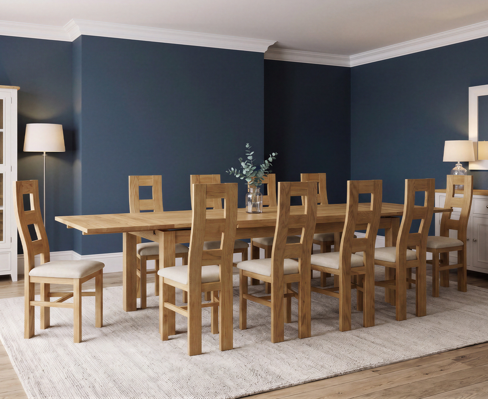 York 150cm Solid Oak Dining Table with 4 Light Grey York Chairs and 2 Oak Benches