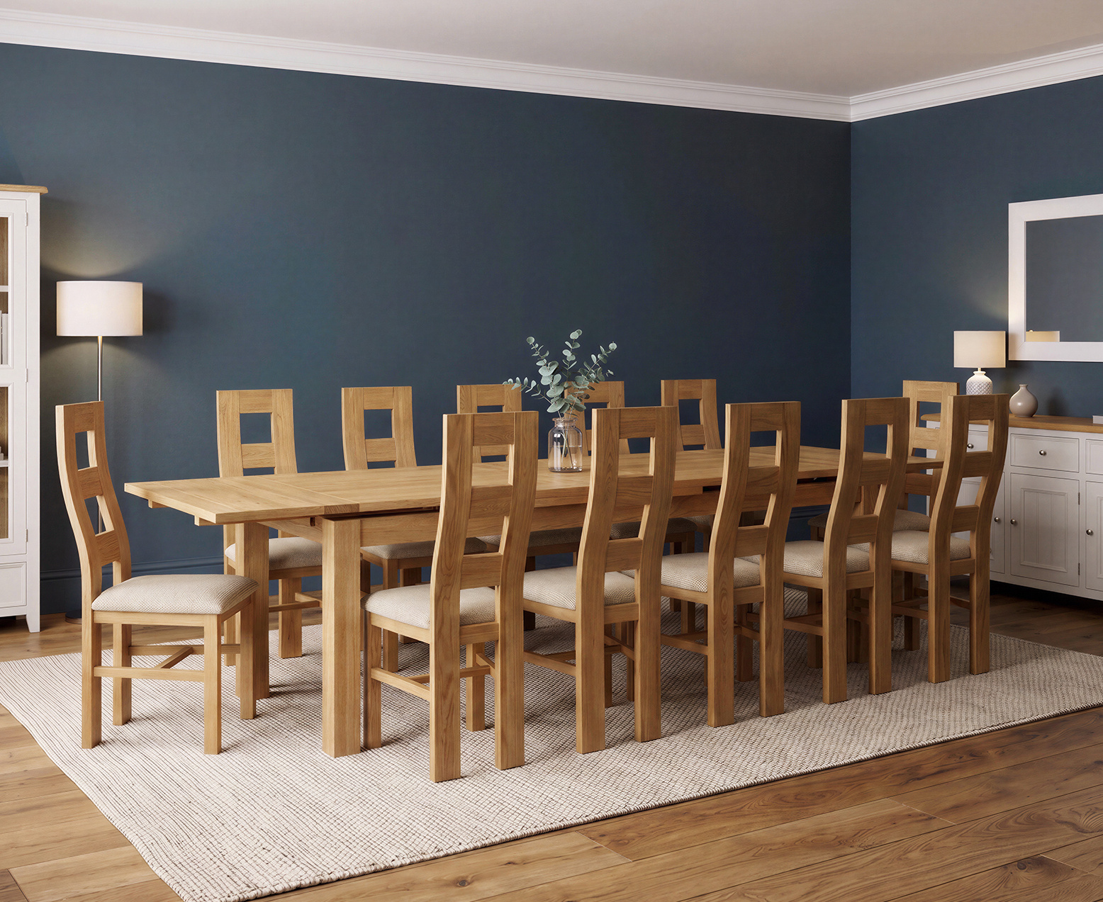 York 150cm Solid Oak Dining Table with 4 Light Grey York Chairs and 2 Oak Benches