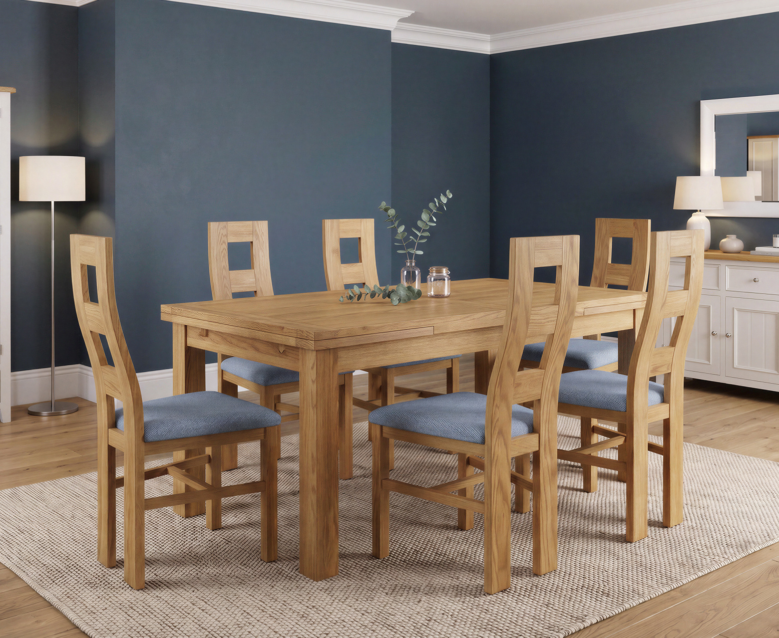 York 150cm Solid Oak Dining Table with 4 Light Grey York Chairs and 2 Oak Benches