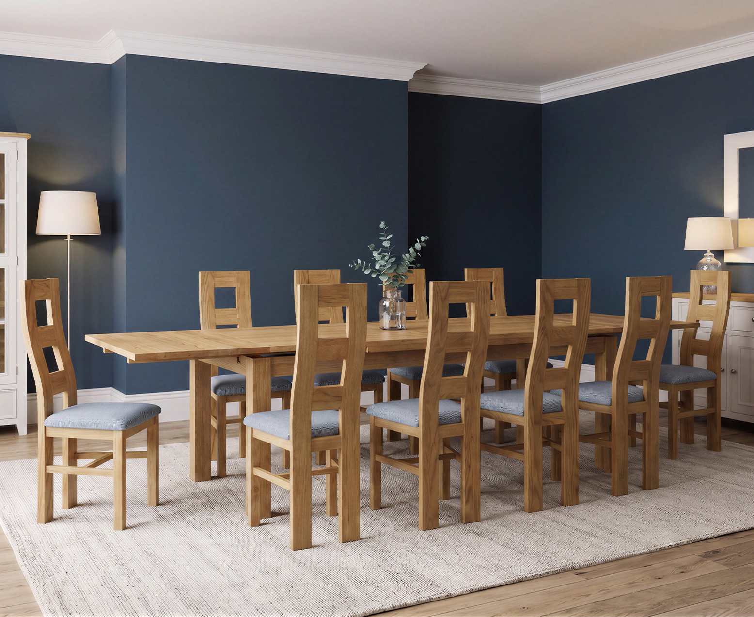York 150cm Solid Oak Dining Table with 4 Light Grey York Chairs and 2 Oak Benches