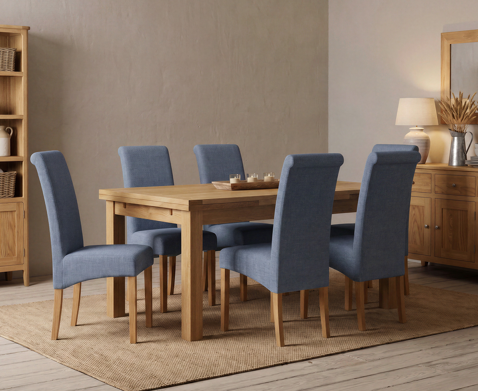 York 150cm Solid Oak Dining Table with 4 Light Grey York Chairs and 2 Oak Benches