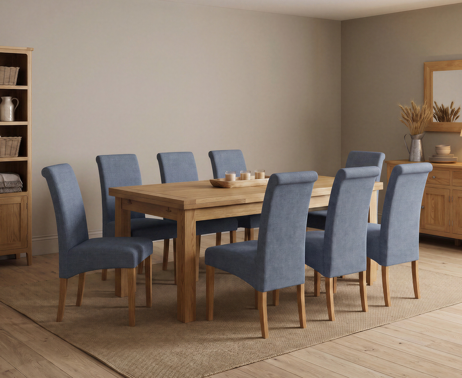 York 150cm Solid Oak Dining Table with 4 Light Grey York Chairs and 2 Oak Benches
