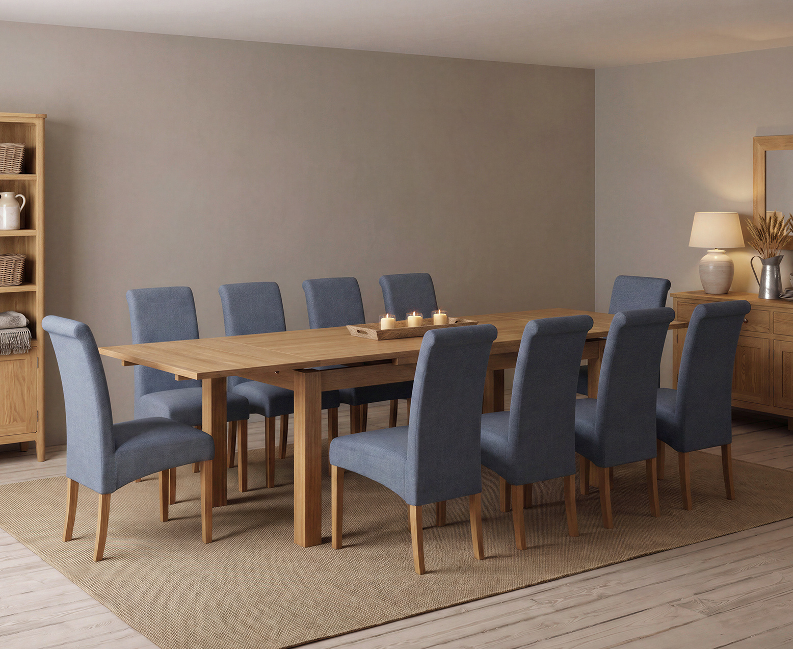 York 150cm Solid Oak Dining Table with 4 Light Grey York Chairs and 2 Oak Benches