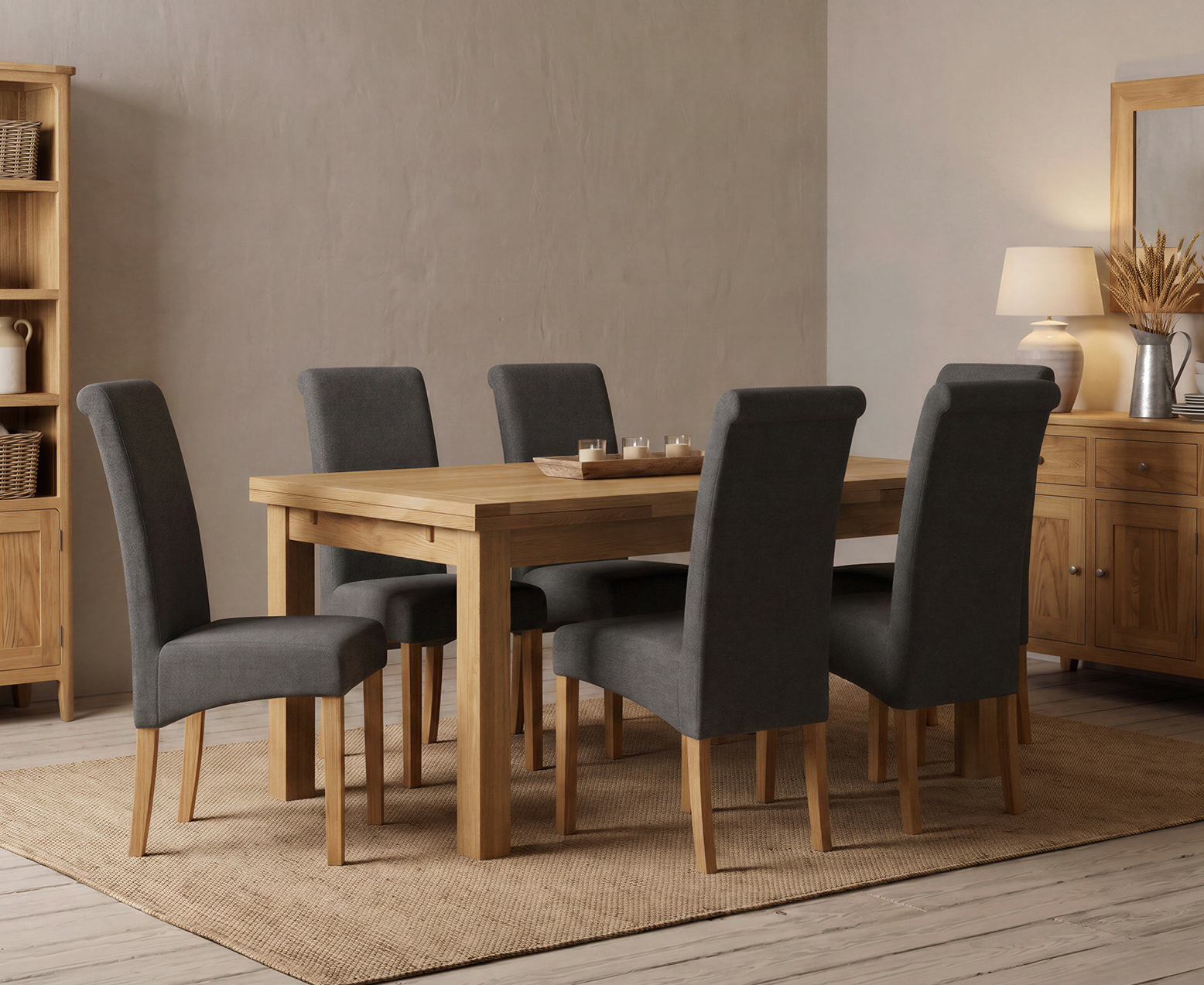 York 150cm Solid Oak Dining Table with 4 Light Grey York Chairs and 2 Oak Benches