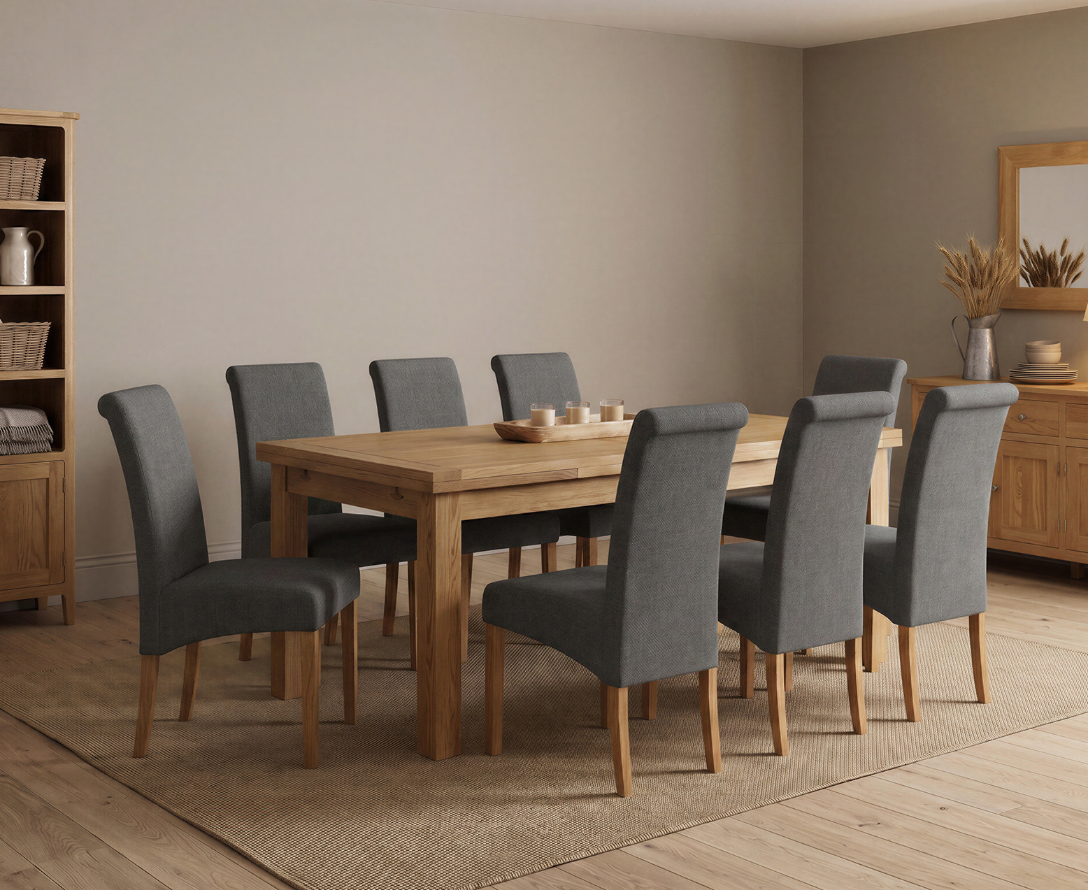 York 150cm Solid Oak Dining Table with 4 Light Grey York Chairs and 2 Oak Benches