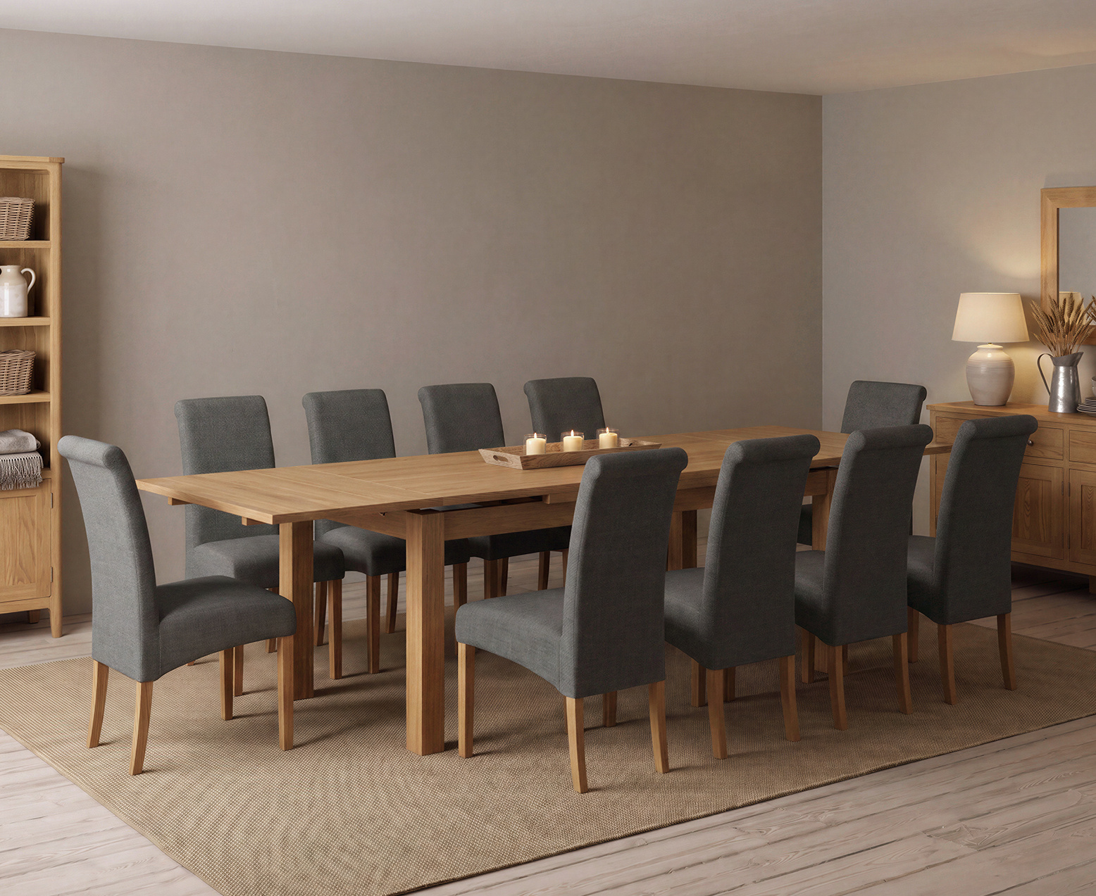 York 150cm Solid Oak Dining Table with 4 Light Grey York Chairs and 2 Oak Benches