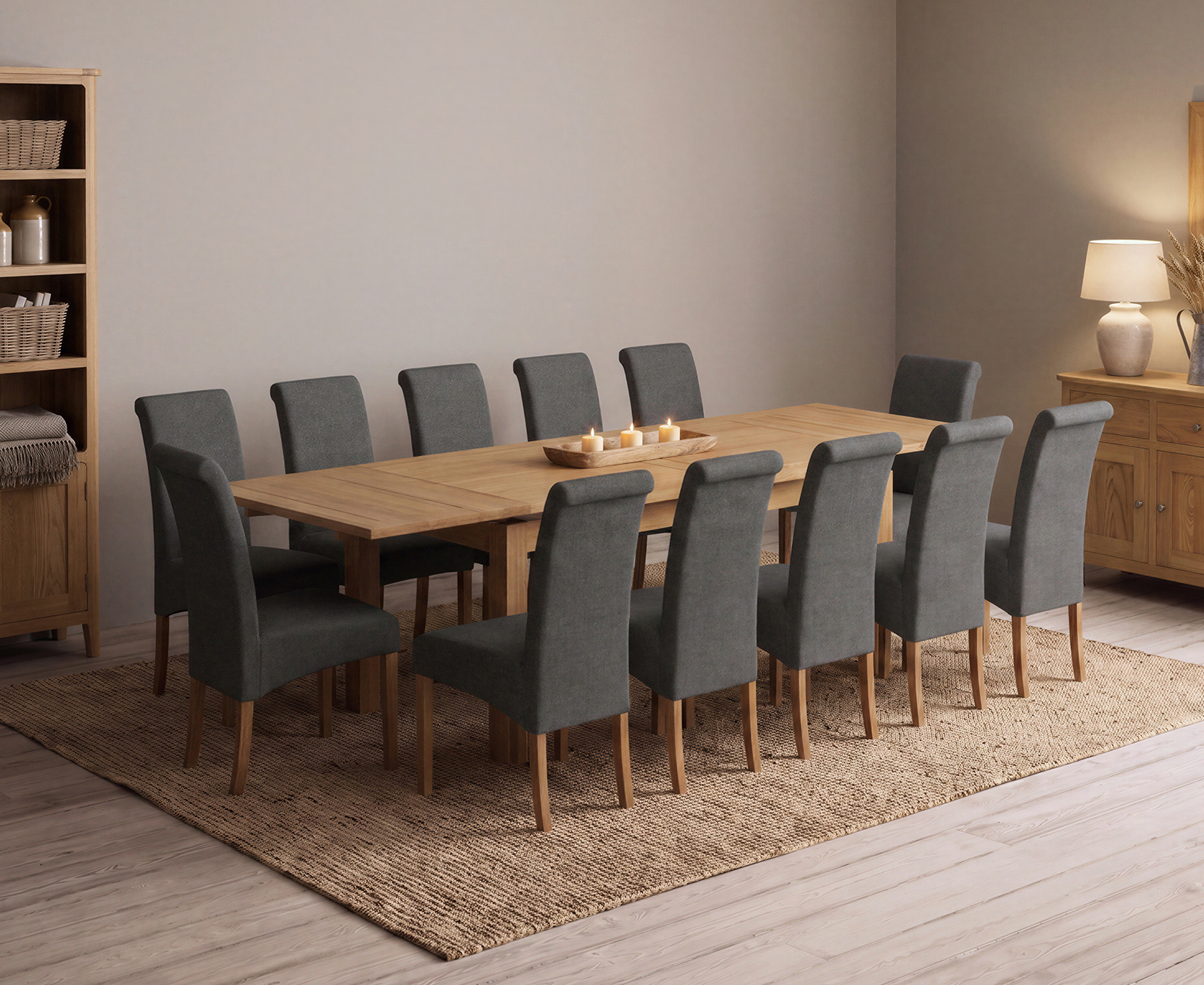 York 150cm Solid Oak Dining Table with 4 Light Grey York Chairs and 2 Oak Benches
