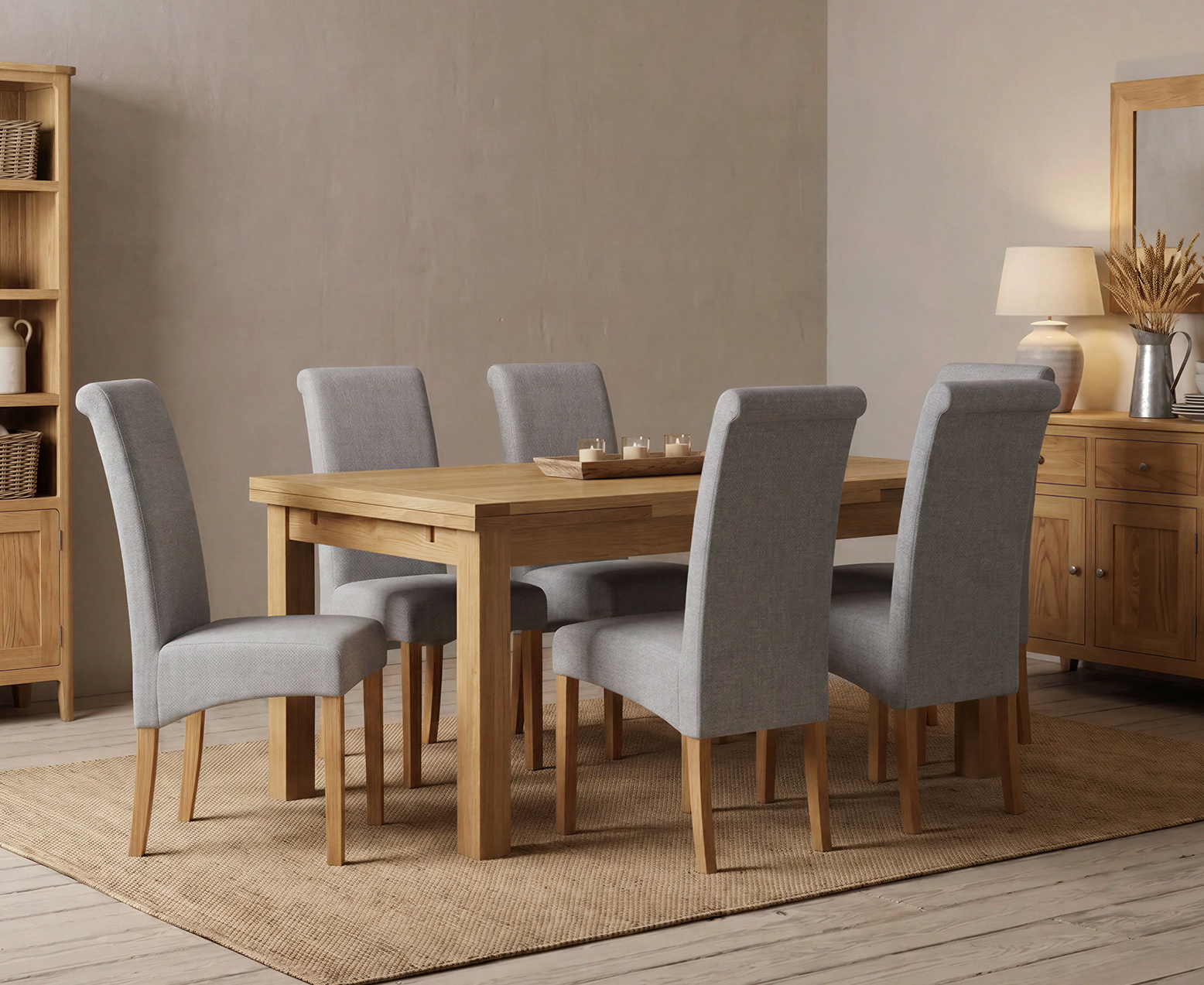 York 150cm Solid Oak Dining Table with 4 Light Grey York Chairs and 2 Oak Benches