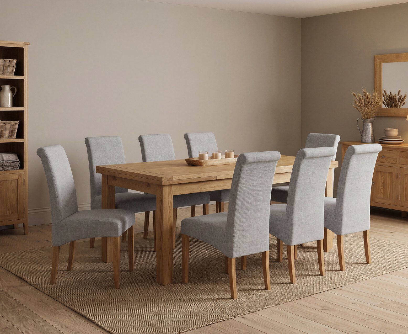 York 150cm Solid Oak Dining Table with 4 Light Grey York Chairs and 2 Oak Benches
