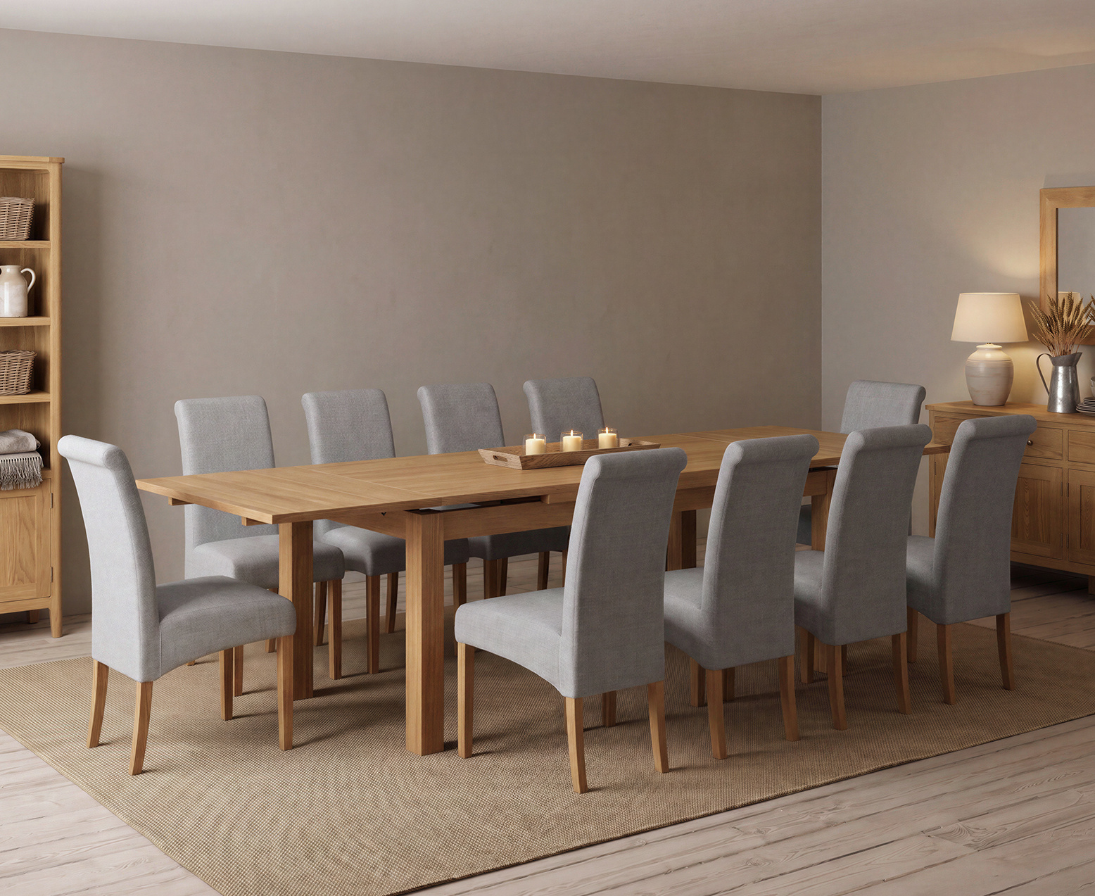 York 150cm Solid Oak Dining Table with 4 Light Grey York Chairs and 2 Oak Benches
