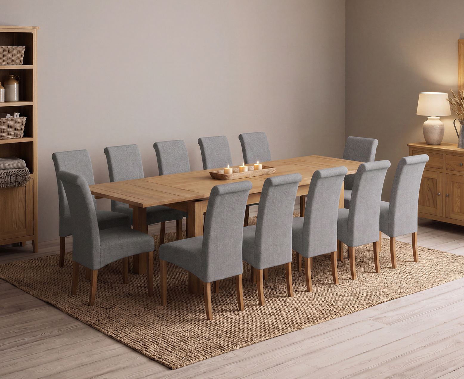 York 150cm Solid Oak Dining Table with 4 Light Grey York Chairs and 2 Oak Benches