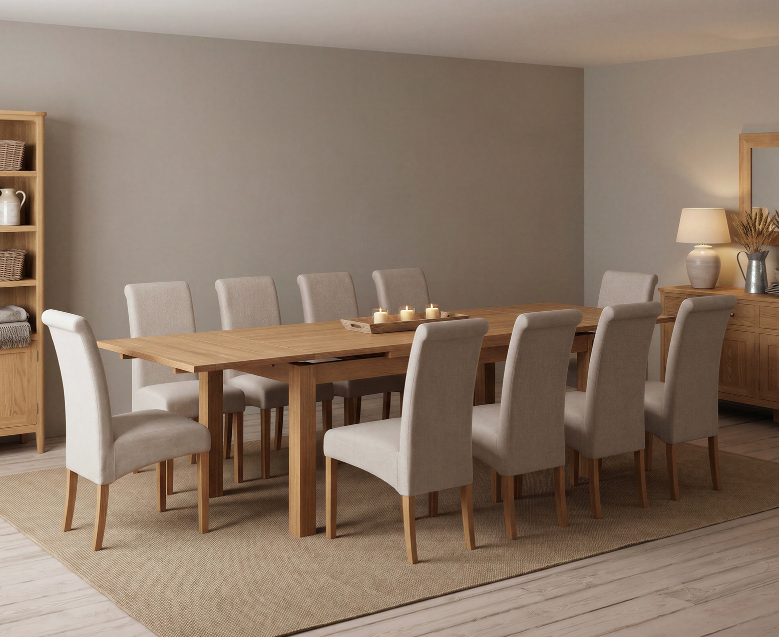Thetford 180cm Oak Table and 2 Grey Benches
