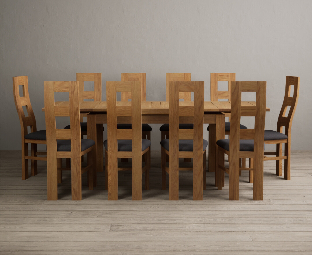 Extending Buxton 140cm Solid Oak Dining Table with 10 Charcoal Grey Natural Chairs