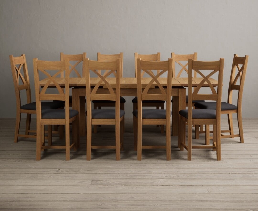 Extending Buxton 140cm Solid Oak Dining Table with 10 Charcoal Grey Natural Chairs