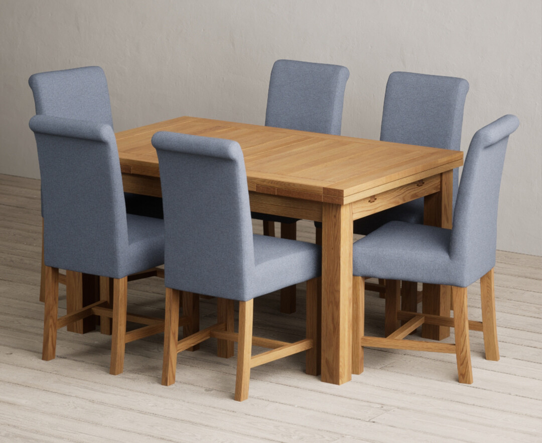 Extending Buxton 140cm Solid Oak Dining Table with 6 Blue Braced Chairs