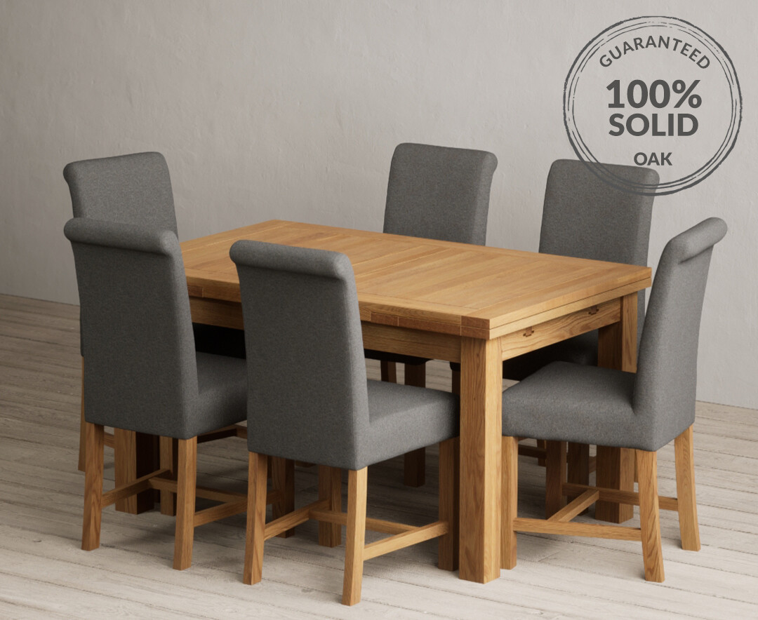 Extending Buxton 140cm Solid Oak Dining Table with 6 Charcoal Grey ...