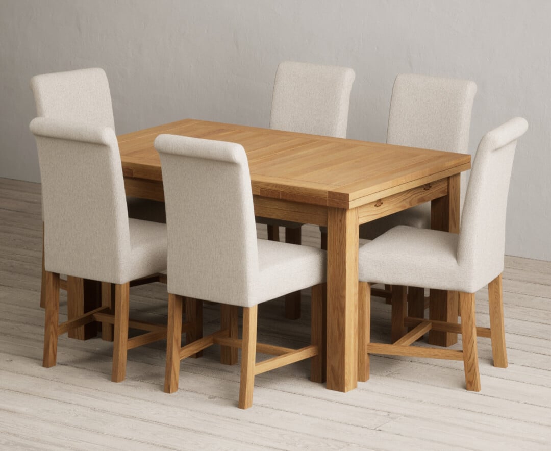 Extending Buxton 140cm Solid Oak Dining Table With 6 Blue Braced Chairs