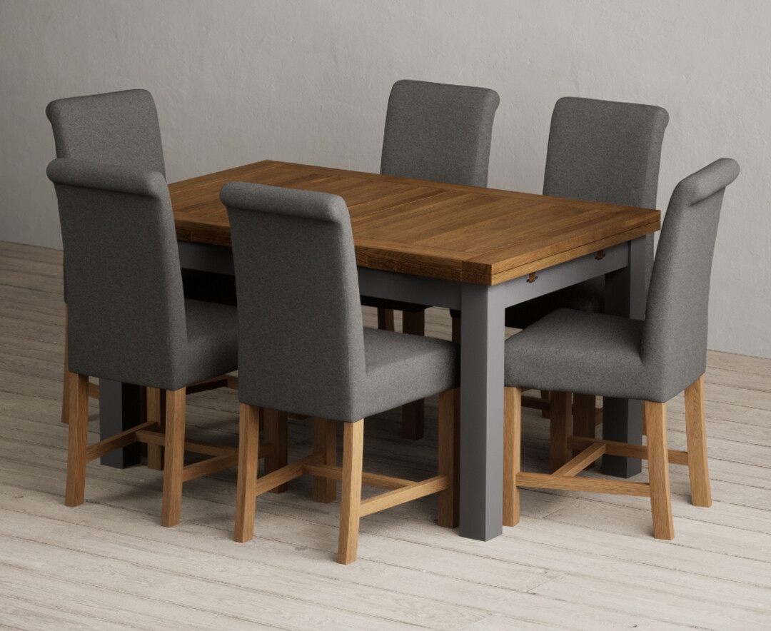 Extending Buxton 140cm Oak And Charcoal Grey Painted Dining Table With 6 Grey Braced Chairs