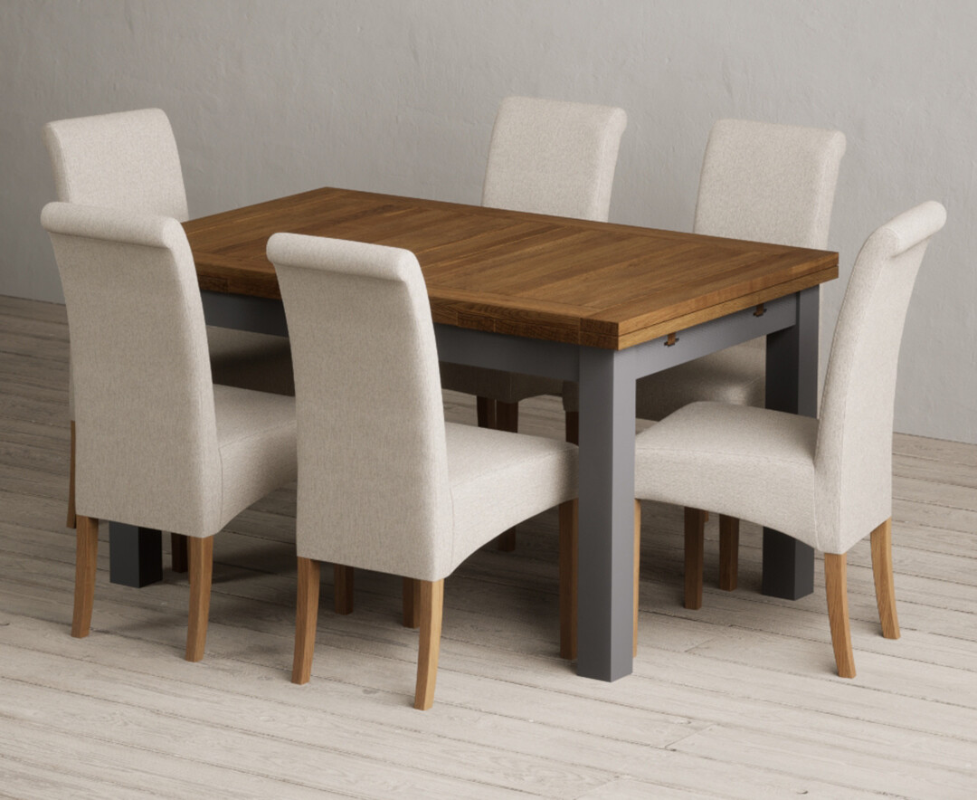 Extending Buxton 140cm Oak And Charcoal Grey Painted Dining Table With 6 Blue Scroll Back Chairs