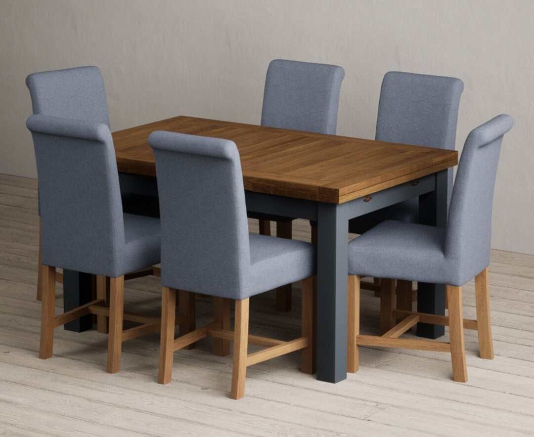 Extending Buxton 140cm Oak and Dark Blue Painted Dining Table with 6 Blue Braced Chairs