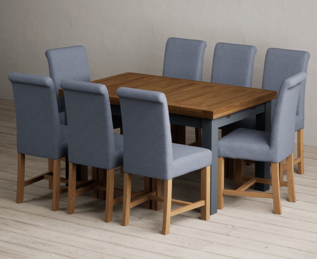 Extending Buxton 140cm Oak And Dark Blue Painted Dining Table With 8 Grey Braced Chairs